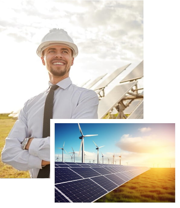 A man standing in front of a solar panel and windmills