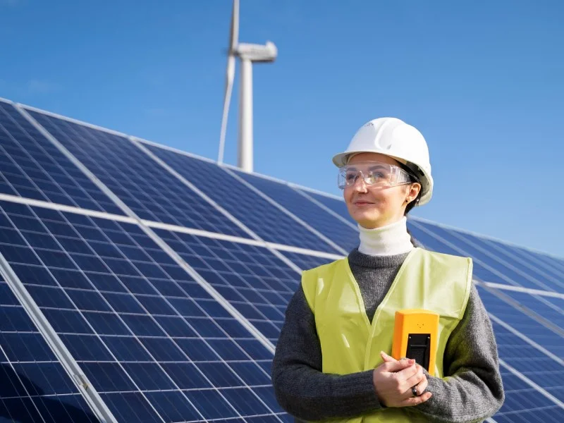 A woman in a hard hat and safety vest standing in front of a solar panel